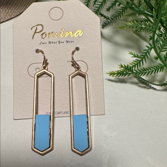 Pomina Geometric Gold Tone & Blue Bar Dangle Earrings  (BR1010/1) - Picture 3 of 5